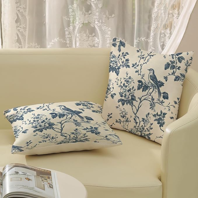 Chinoiserie Pillow Covers 18x18 Inch Set of 2 Blue Floral Bird Throw Pillows Vintage Blue Flower Decorations Pillow Cases Outdoor Chinoiserie Decor Farmhouse Linen Cushion Cover for Couch Home