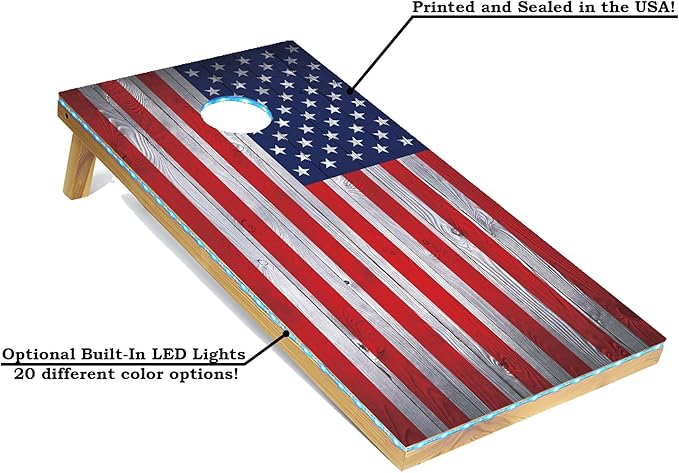 Tailgating Pros 4x2 Regulation Cornhole Boards Flag Set- Includes 8 Bean Bags, Carrying Cases, and Score Keeper - Optional LED Lights
