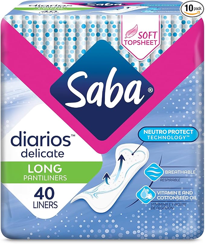 SABA Diarios Long Delicate Pantiliners, Unscented, Breathable & Comfortable for Everyday Freshness, 10-Pack of 40 Pads (400 Count)