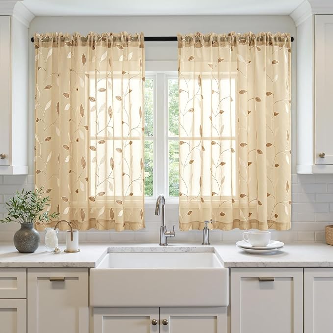 MIULEE Khaki Sheer Curtains 2 Panels Embroidered Leaf Patterned Rod Pocket Floral Semi Sheer Faux Linen Short Window Curtains Drapes Set for Kitchen Living Room Bedroom, 52x54 Inches Length