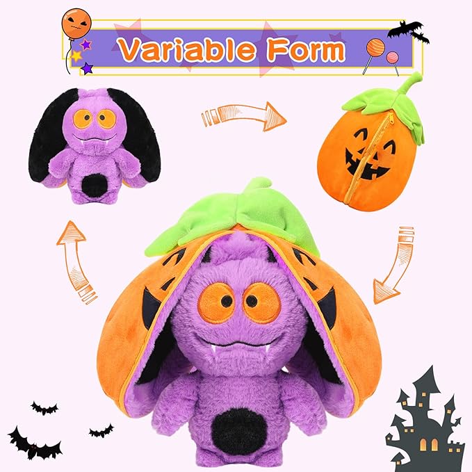 Transform Pumpkin Toy, Halloween Plush, Zipper Up Transform Plush,Hallow Stuffed Animal (Pumpkin Bat)