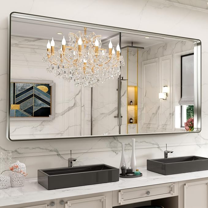 LOAAO 84X32 Inch Brushed Nickel Bathroom Mirror | Rounded Rectangle, Silver Metal Frame, Anti-Rust, Hangs Horizontally or Vertically, Tempered Glass