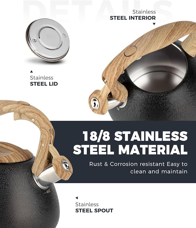POLIVIAR Tea Kettle, 2.7 Quart Stovetop Tea Kettle, Audible Whistling Teapot with Crackle Finish, Food Grade Stainless Steel for Anti-Rust, Anti Hot Handle, Suitable for All Heat Sources (JX2023-LRB)