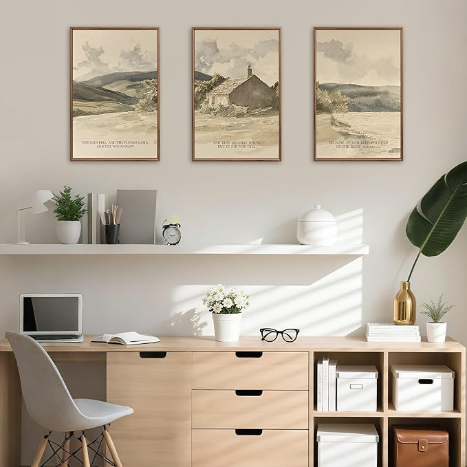 FWIEXA Christian Bible Verse Framed Canvas Wall Art Set, 3 Piece Easter Jesus Scripture Wall Decor, Religious Inspirational Quotes Art Prints, 16x24 Inches Vintage Neutral Biblical for Prayer, Bedroom, Living Room