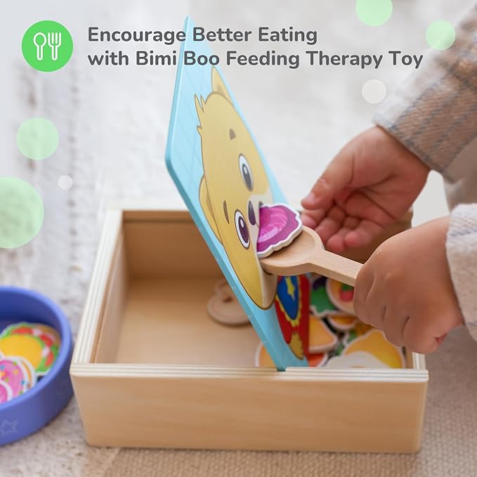 Bimi Boo Wooden Feeding Toy - Montessori Pretend Play Food Set for Toddlers 1-4+ - Fine Motor Skills Scooping Toy for Kids (27 Various Foods, a Spoon, Bowl)