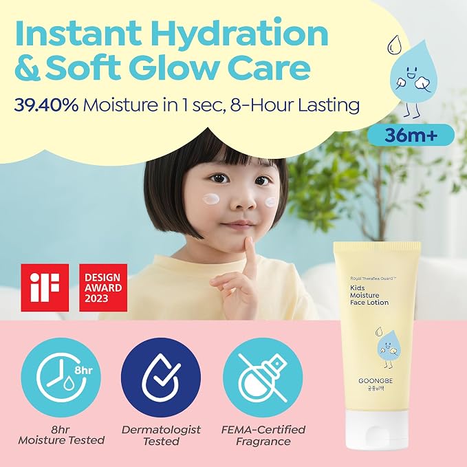 GOONGBE Kids' Moisture Face Lotion - Non-Sticky Quick-Absorb Daily Moisturizer for Sensitive Skin, 8hr Moisturizing Cream with Cica and Allantoin, Barrier-Support Formula, Allergen Free 2.7 fl.oz.