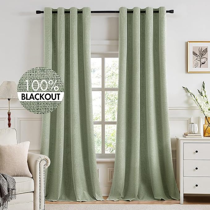 MIULEE Linen Texture Curtains for Bedroom Solid 100% Blackout Thermal Insulated Sage Green Curtains Grommet Room Darkening Drapes for Living Room 52x120 Inch (2 Panels)