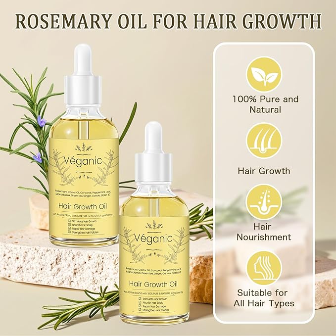 Natural Hair Growth Oil Kit with Rosemary Hair Oils for Hair Growth for Dry Damaged Hair, for Men and Women 2PCS*2 fl.oz (Yellow)