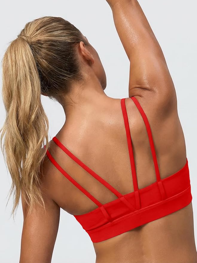 Aoysky Sports Bras for Women Buttery Soft Strappy Padded Sports Bra Double Spaghetti Straps Wireless Yoga Workout Crop Tops