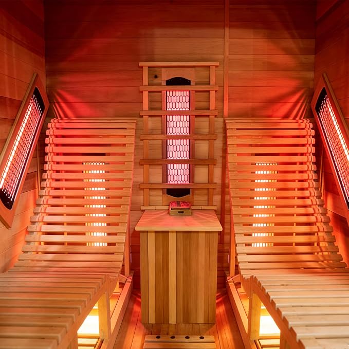 Infrared 2 Person Wooden Sauna Room, Luxurious Red Cedar Sauna with Recliner, 3400W Dry Heat Sauna for Home, 9 Heating Panels, Bluetooth Speaker, 7Color Lights, Oxygen Bar, 220V(Red Cedar)
