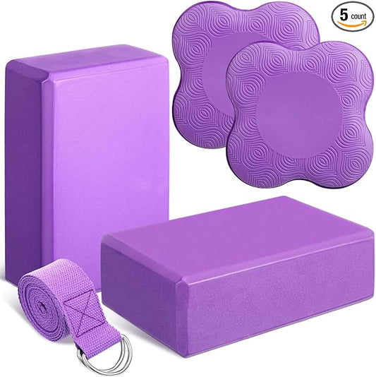 RoundFunny 5 Pcs Yoga Blocks Knee Pads Yoga Strap Set Soft Premium Foam Blocks Accessories for Pilates Meditation General Fitness Stability, Kneeling, Balance, Deepen Stretches and Toning