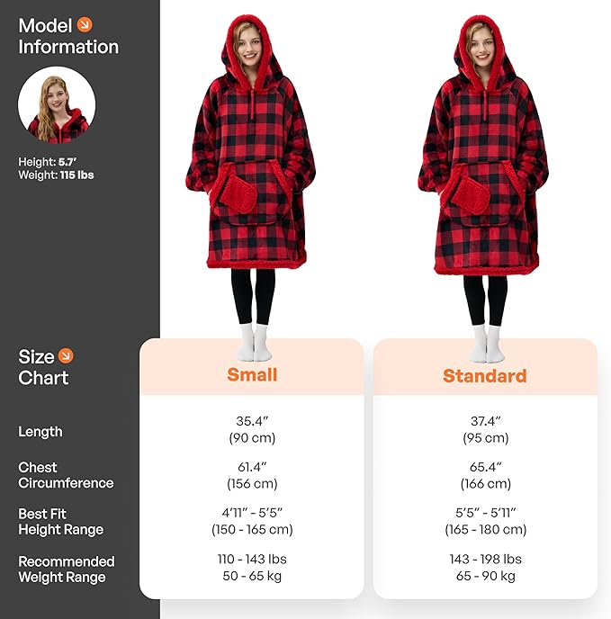 Giggling Getup Wearable Blanket Hoodie for Adults Gifts for Teen Girls Sister Women Sherpa Fleece Printed Hooded Blanket Sweatshirt Warm Cozy with Pocket & Sleeves Red and Black Plaid