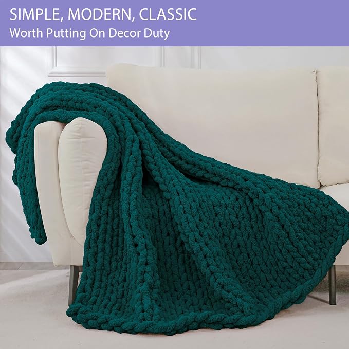 Bigacogo Chunky Knit Throw Blanket for Couch, 40x60 inches, Dark Green | Hand Knit with Jumbo Chenille, Soft Breathable Cable Knit for Sofa Bed Living Room, Machine Washable, Gift for Mom Friend