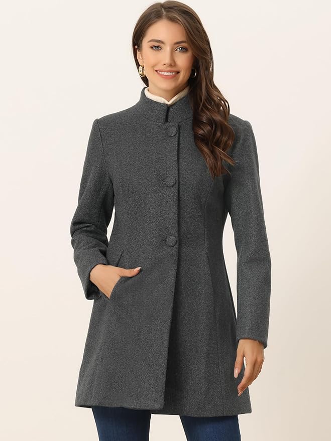 Allegra K Women's Winter Overcoat Mid-Long Stand Collar Single Breasted Coat Outerwear