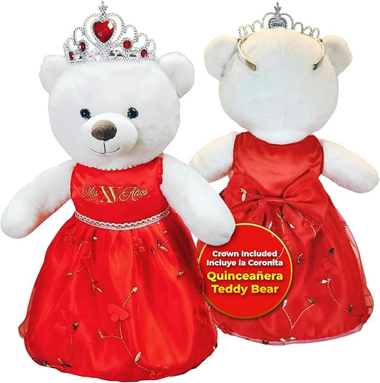Quinceañera Teddy Bear 18-inches Tall with Dress for 15th Birthday, Quince Bear with Matching Crown, Ideal Keepsake for 15th Birthday, Mis XV Años - Red