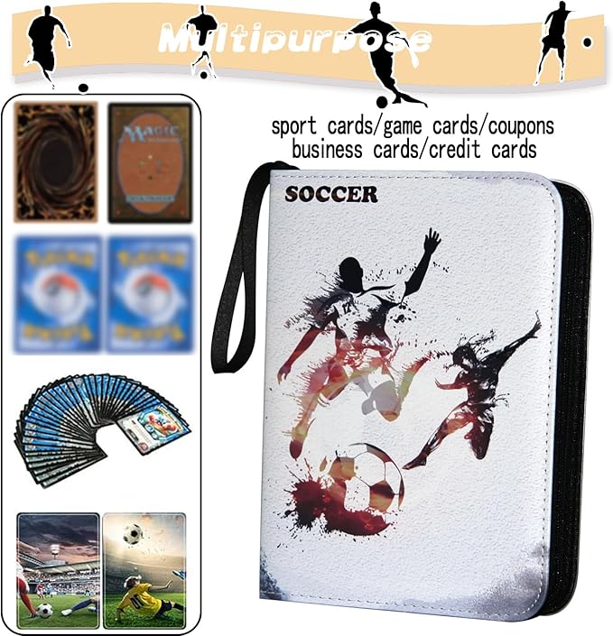 Soccer Card Binder, World Cup Card Binder 4 Pocket with 50 Removable Sleeves Fits 400 Sport Cards, 3 Ring Card Holder Binder with Zipper, Collector Storage Album