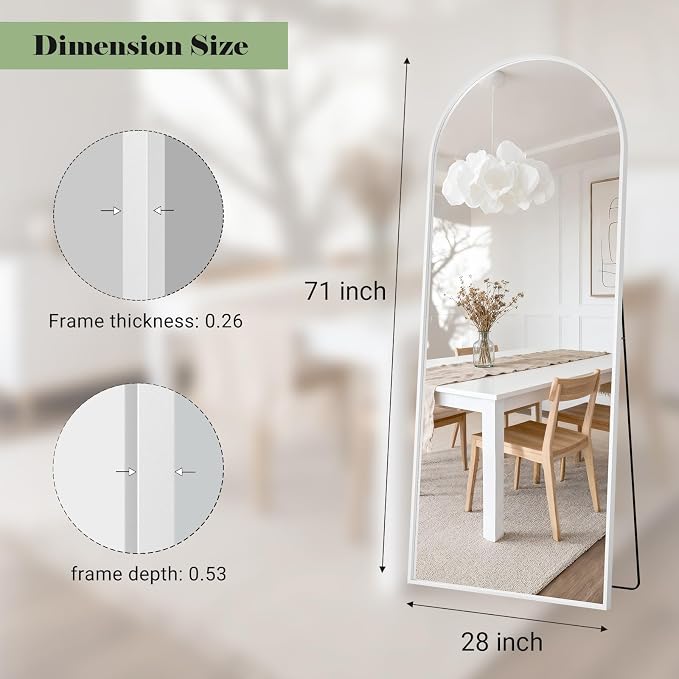 Mirror Full Length, 28"x71" Large Arched Floor Full Length Mirror with Stand, Room Decor Big Full Body Floor Mirror with HD Tempered Glass Aluminum Frame for Bedroom Living Room, White