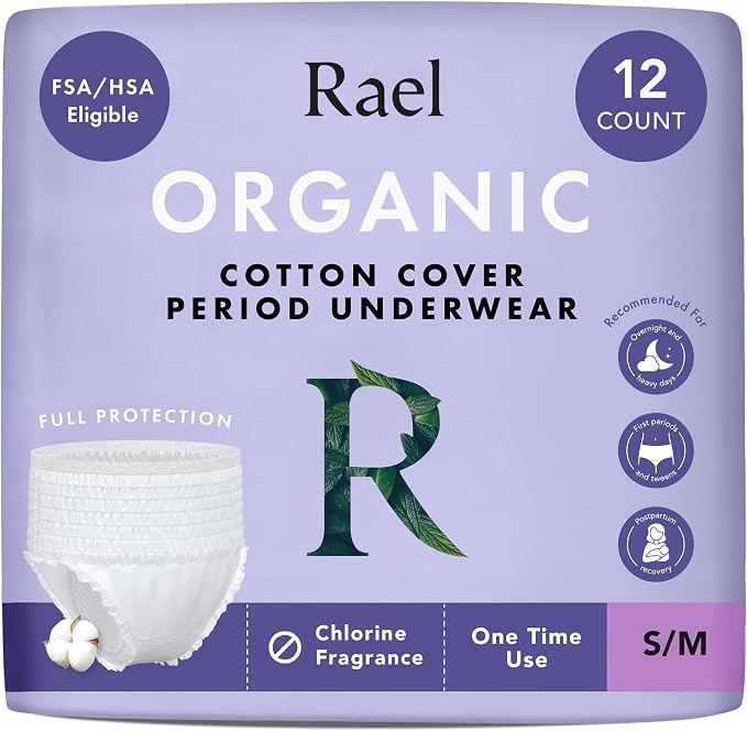 Rael Disposable Underwear for Women, Organic Cotton Cover - Incontinence Pads, Postpartum Essentials, Disposable Underwear, Unscented, Maximum Coverage (Size S-M, 12 Count)