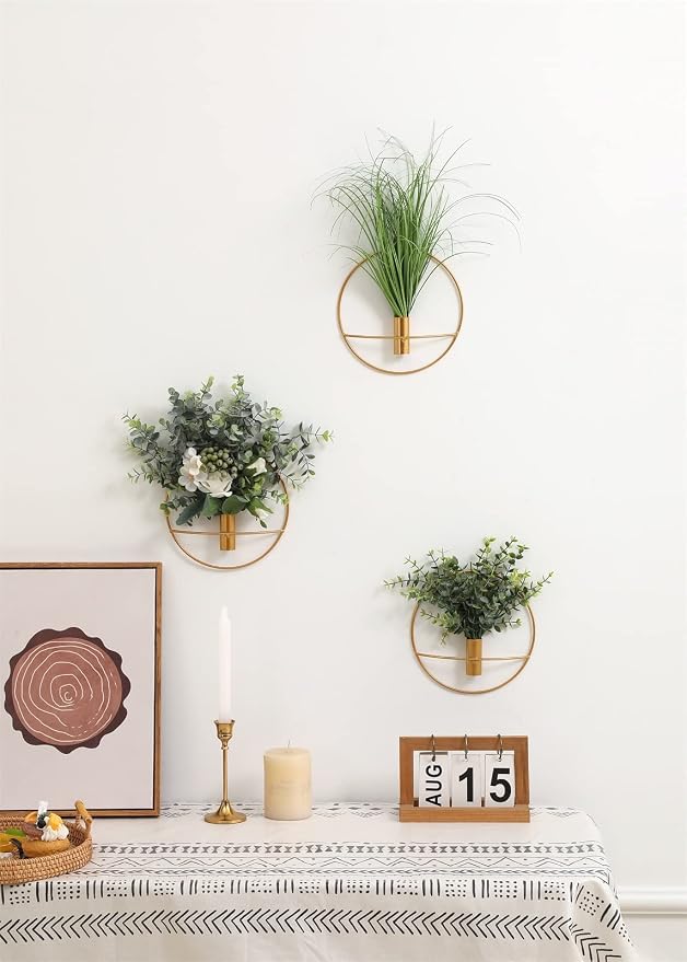Pretty Jolly Boho Eucalyptus Wall Decor Gold Metal Wall-Mounted Art | Morden Artificial Greenery Display，2 Pack Eucalyptus Hanging Planter For Living Room, Bedroom, Bathroom, Dining room