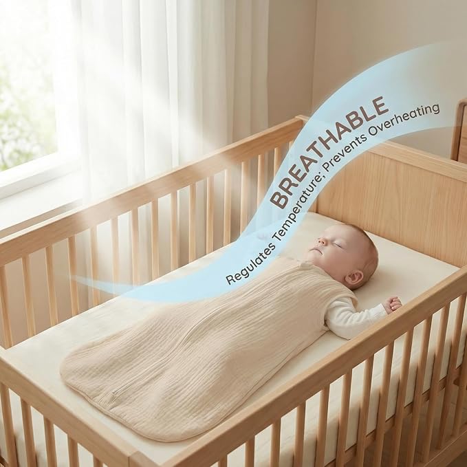 BSTOPPT 2 Pack Baby Sleep Sack 6-12 Months 100% Organic Cotton Muslin Baby Sleeping Bag 2-Way Zipper Wearable Blankets TOG 0.3 (Beige & Khaki, Medium)