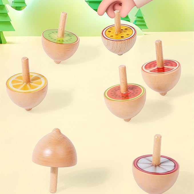 6 Pcs/Set Beech Wood Spinning Tops Toy for Kids, Animal Wooden Gyroscopes Toy for 3 4 5 6 7 Years, Fruit Educational Kindergarten Toys, Spin Tops for Party Games Birthday Gifts Family Fun (Fruit)