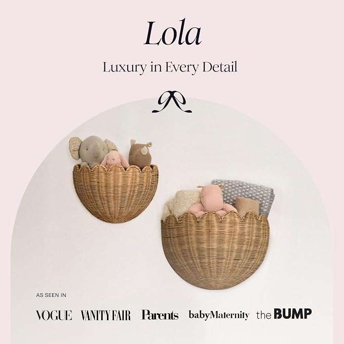 BEBE BASK The Original Scalloped Wicker Wall Basket – Set of 2 (16x10x7 In) | Handwoven Scalloped Wall Baskets, Rattan Wall Hanging Baskets, Wall Storage Basket for Nursery, Living Room, Mocca