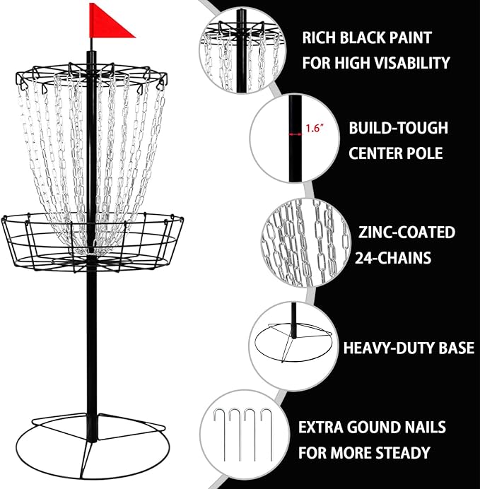 TARUMG Disc Golf Basket - Portable Disc Golf Target with Heavy Duty 24-Chains Come with Transit Bag and 3pcs Disc Golf Discs, Ground Stake -Suitable for Players of All Levels - Multi Color Available