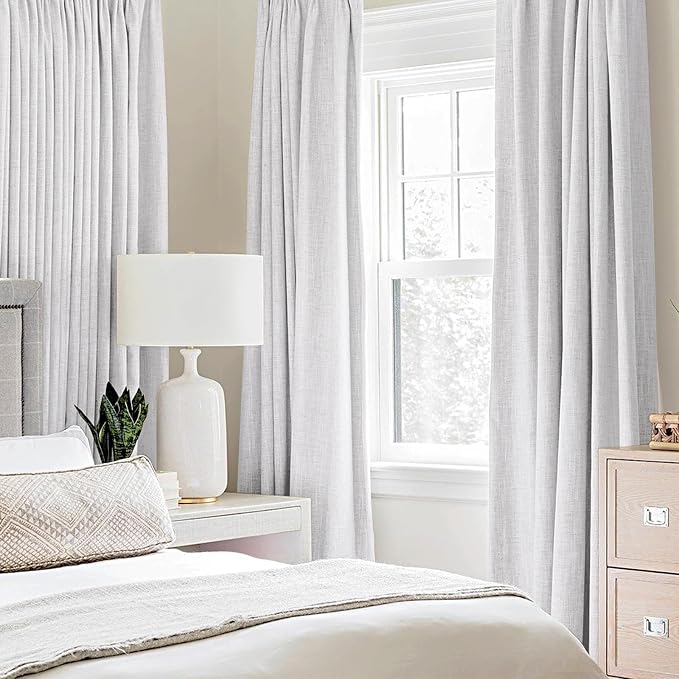 MIULEE White Blackout Curtains Linen Textured for Bedroom Thermal Insulated Room Darkening Grommet Curtains/Drapes for Living Room Decoration 52x84 Inch Grayish White 2 Panels