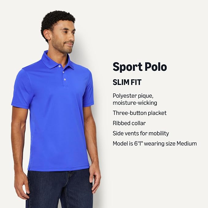 Amazon Essentials Men's Moisture Wicking Golf Polo Shirt, Short Sleeve, Slim-Fit, Quick-Dry, Active Wear
