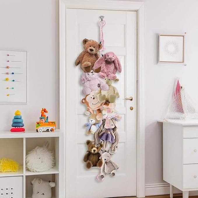 Munzong Stuffed Animal Storage Chain 80 Inch, 4pcs Pink Hanging Stuff Animals organizer, Cotton Toy Display Chain with 80 Clips, Toys Organizers Holder for Toddler Kids Nursery Room Wall Corner Decor