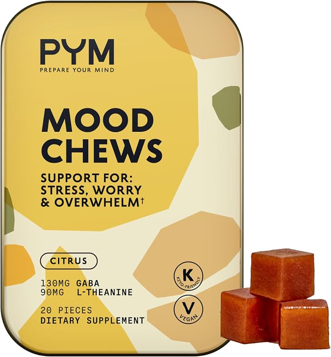 PYM Citrus Mood Chews Support for Stress, Worry & Overwhelm, 20 Count | 130mg GABA, 90mg L-Theanine | Vegan, Non-GMO, Gluten-Free, No Added Sugar | All-Natural Mood Support Supplement Made in USA