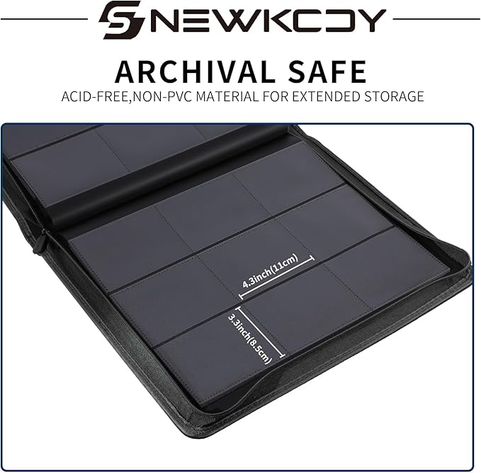 Snekdy Top loader Binder, 9 Pockets Top Loader，Holds 360 Top Loaders cards, Card binder with Sleeves for card in 3 x 4 inches color smooth Zipper PU Leather (Black)