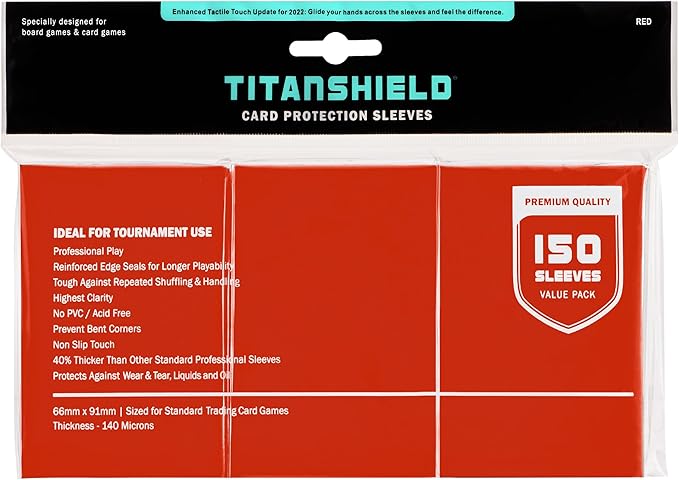 TitanShield Premium Card Sleeves | Compatible with Pokemon, One Piece, Lorcana, Flesh & Blood, & Magic The Gathering MTG | (150 Sleeves - Standard) (1, Red, Standard | 66x91mm)