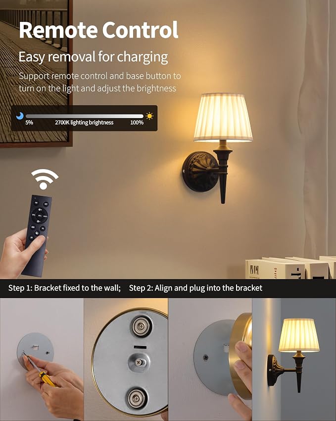KDG Cordless Black Wall Sconces Set of 2, Beige Fabric Lampshde Wall Lamps | Small LED Wireless Portable Rechargeable Battery Lighting for Wall Painting, Living Room, Bedroom, Hallway, Gifts, Nightlight