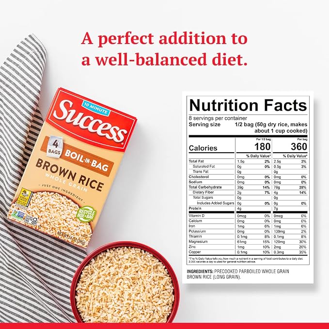 Success Boil-in-Bag Rice, Brown Rice, Quick and Easy Meals, 14-Ounce Box (Pack of 4)