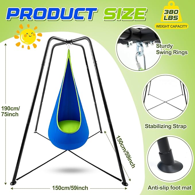 Sensory Swing Stand Frame with Pod Chair and Swings Set Kid Heavy Duty Metal Swing Stands Autism Hammock Chair Stand Tree Saucer Round for Kid Adult Indoor Outdoor Backyard Park(Blue)