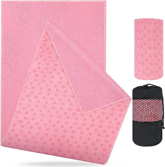 flintronic Yoga Towel, Yoga Mat Towel with Grip Dots, Microfiber Yoga Blanket Towels, Soft & Breathable, with Quick Dry Towels and Mesh Carry Bag, for Bikram, Pilates and Workout, 24" x72", Pink