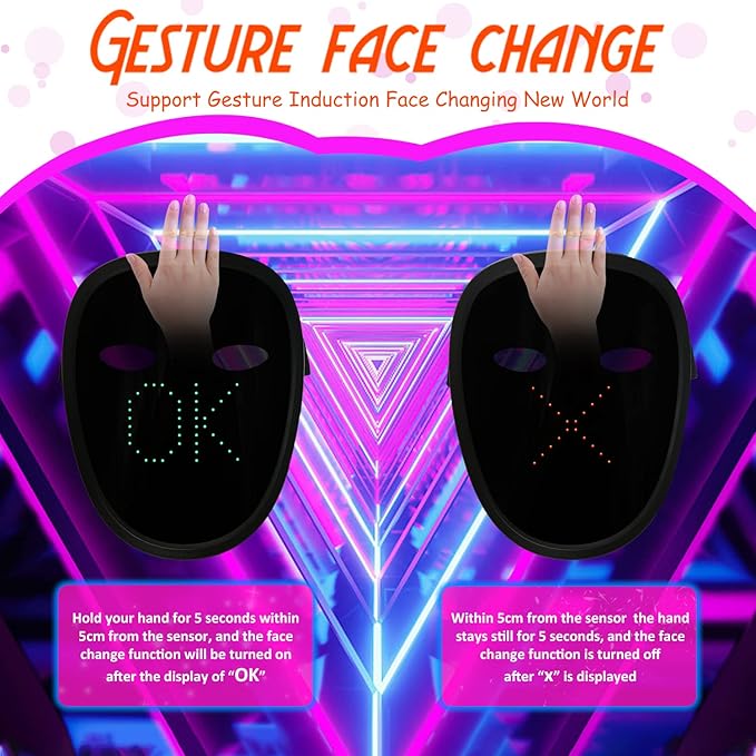 Led Mask with Gesture Sensing,Light up mask for Kids/Men/Women LED Halloween Mask for Costume Cosplay Party