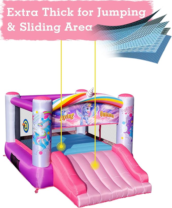 Action Air Bounce House, Princess Inflatable Bounce House with Blower, Pink Bouncy House for Girls, Flying Unicorn Theme Bouncy Castle, Durable Sewn and Extra Thick, Love for Kids
