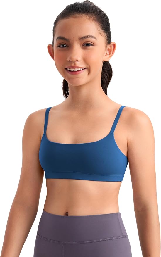 CRZ YOGA Girls Butterluxe Adjustable Spaghetti Strap Sports Bra - Yoga Athletic Casual Scoop Neck Crop Padded Kids Teen