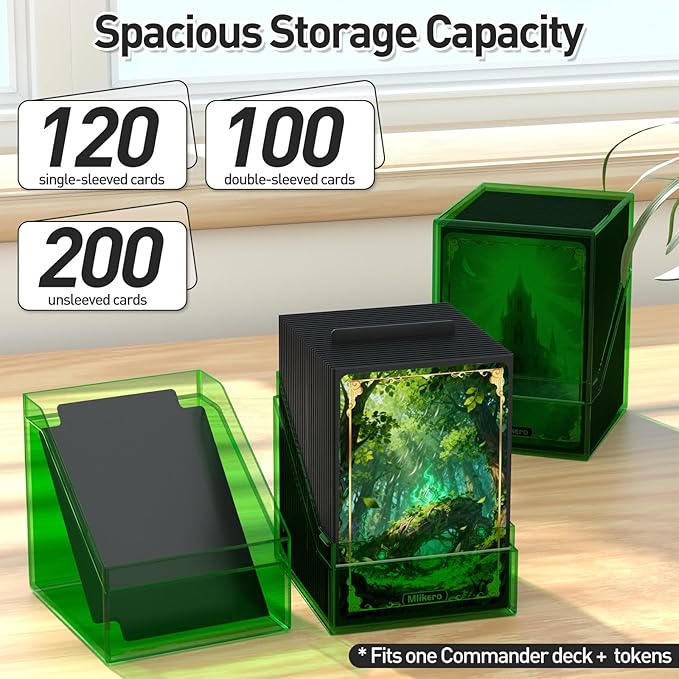 Mlikero Card Deck Cases, Acrylic Commander Deck Box Holding 100+ Sleeved Cards with Dividers, Clear Card Storage Box Fit for MTG, TCG, Sports Cards (Green)
