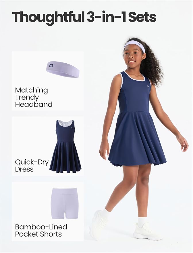 PATPAT Girls Athletic Dress Tennis Summer Outfit with Headband & Shorts | Quick-Dry RapidAir-C Fabric, Lightweight Breathable Golf Dress, Sweat-Wicking 2 Piece sets, Two Hidden Pockets