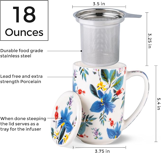 AmorArc Porcelain Tea Mug with Infuser and Lids, 18 Oz Coffee Cup Strainer with Bag Holder for Loose Leaf Tea, Steeping Coffee Mug for House-warming Wedding Birthday Gift