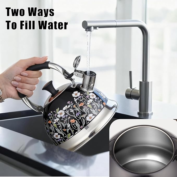 Stainless Steel Whistling Tea Kettle Stovetop - 3.1QT Tea Pot for Stove Top, Vintage Floral Print, Foldable Handle, 304 Stainless Steel Interior Teatop for Tea, Coffee, Party & Gift