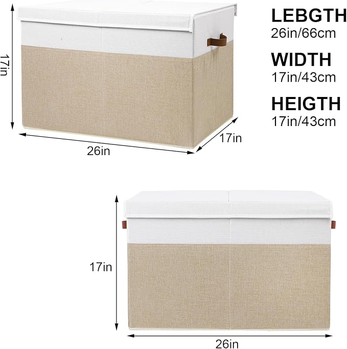 Large Toy Storage Box with Lid, Toy Chest Bin Boxes Basket with Dividers | Sturdy Toy Organizer Bin for Kids, Boys, Girls, Nursery, Living Room, Bedroom, Playroom 26"x17" x17"(Beige and White)