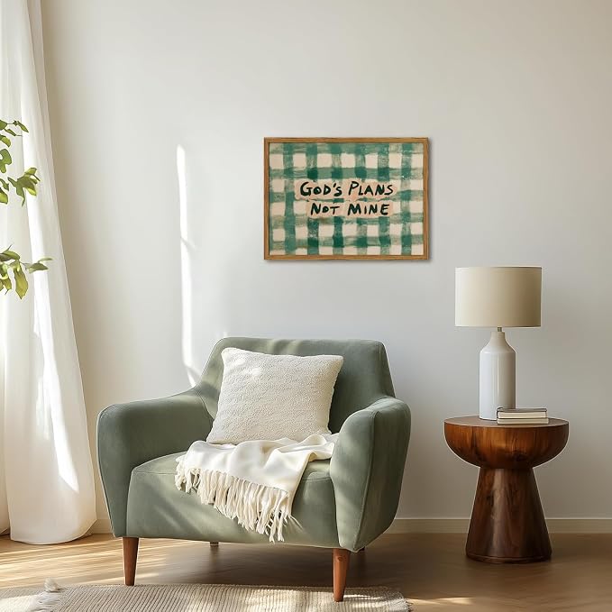 Framed God's Plans Not Mine Canvas Wall Art, Inspirational Faith Quote Pictures Wall Decor, Green Gingham Paintings Prints Christian Home Decor for Living Room Bedroom Dorm Office 16x24 inch