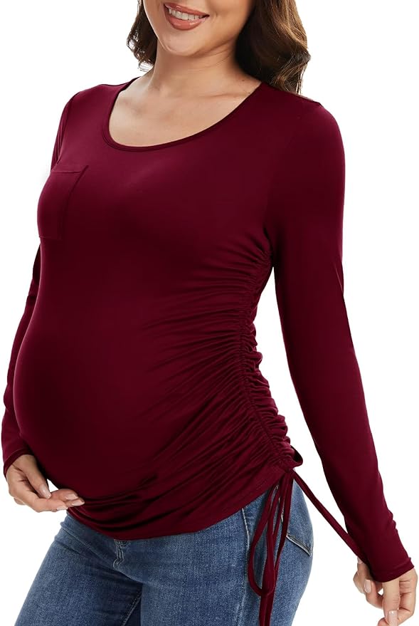 Fotociti Maternity Shirts Long Sleeve, Pregnancy Side Ruched Tops,Women’s Clothes for Mama Work Casual Yoga Wearing