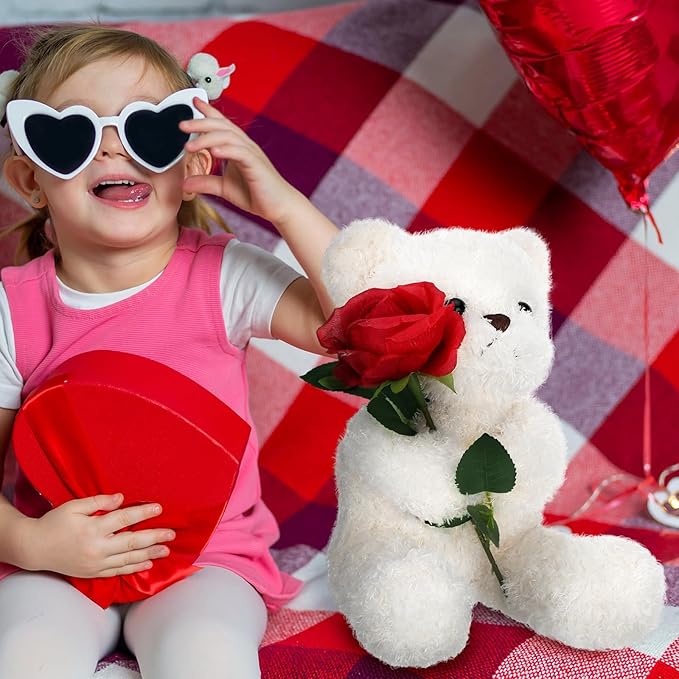 Civaner Bear Stuffed Animal Gift with Rose Funny Cute Bear Stuffed Animal Plush Gift for Mother Girlfriend Birthday Wedding, 11.8 Inches(White)
