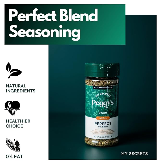 My Secrets Peggy's Food Perfect Seasoning Mix - 100% No Sodium Spice Blend - Salt Free All-Purpose Herb & Vegetable Seasoning for Eggs, Poultry, and Veggies - Gourmet Salt Substitute - 4.2 oz