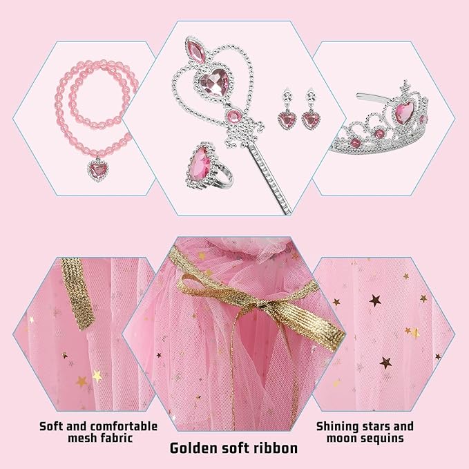 Princess Dress Up Clothes, 7pcs Princess Cape Crown with Wand for Girls 3-8 Years Toddler Princess Dress Up for Birthday Gift
